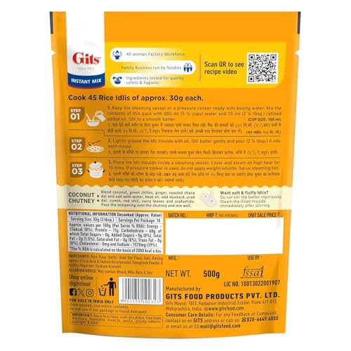 Gits Instant Rice Idli Breakfast Mix, Makes 45 per Pack, Pure Veg, Authentic South Indian Breakfast Recipe, 1500g (Pack of 3 X 500g Each) - Image 3