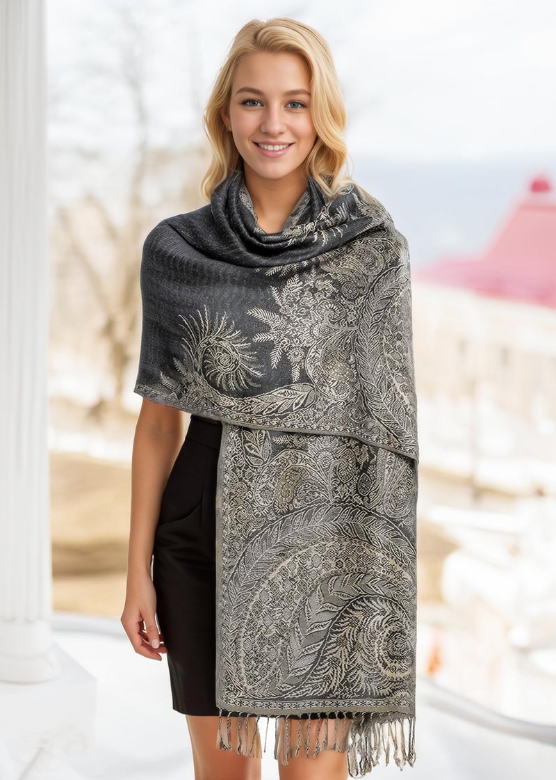 Achillea Soft Silky Reversible Paisley Pashmina Shawl Wrap Scarf w/Fringes (Big Paisley Black) - Image 2