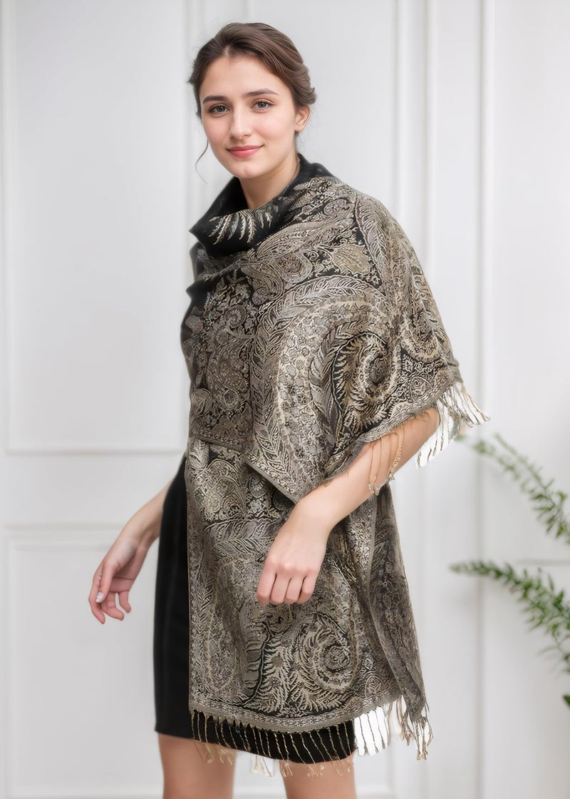 Achillea Soft Silky Reversible Paisley Pashmina Shawl Wrap Scarf w/Fringes (Big Paisley Black) - Image 3