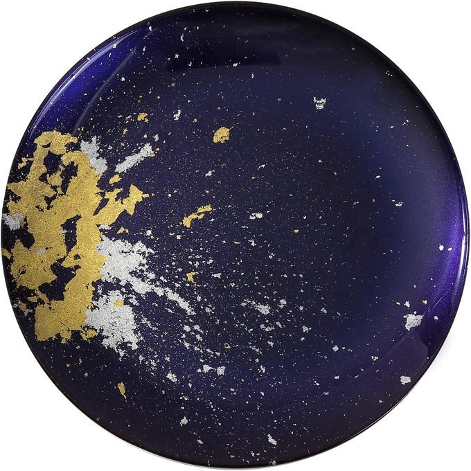 JAPANESE URUSHI GLASS FLAT DINNER PLATE 11INCH MAJESTIC BLUE WITH GOLD LEAF DISHWASHER SAFE
