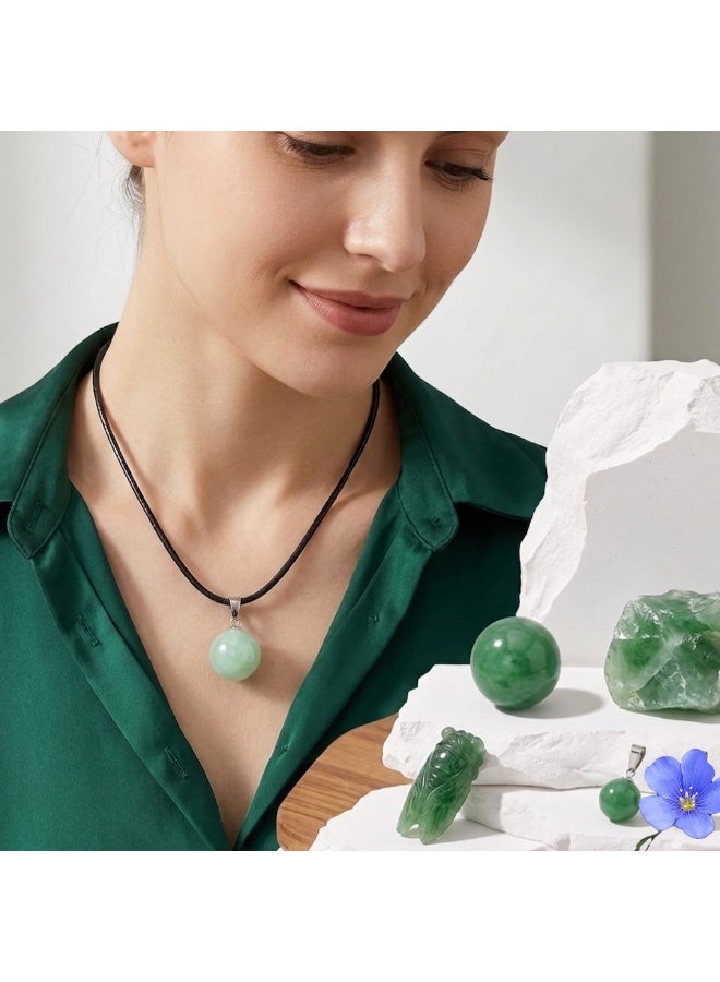 Natural Green Aventurine Round Stone Pendant Necklace with Adjustable Black Wax Cord, 14mm, for Women and Men - Image 2