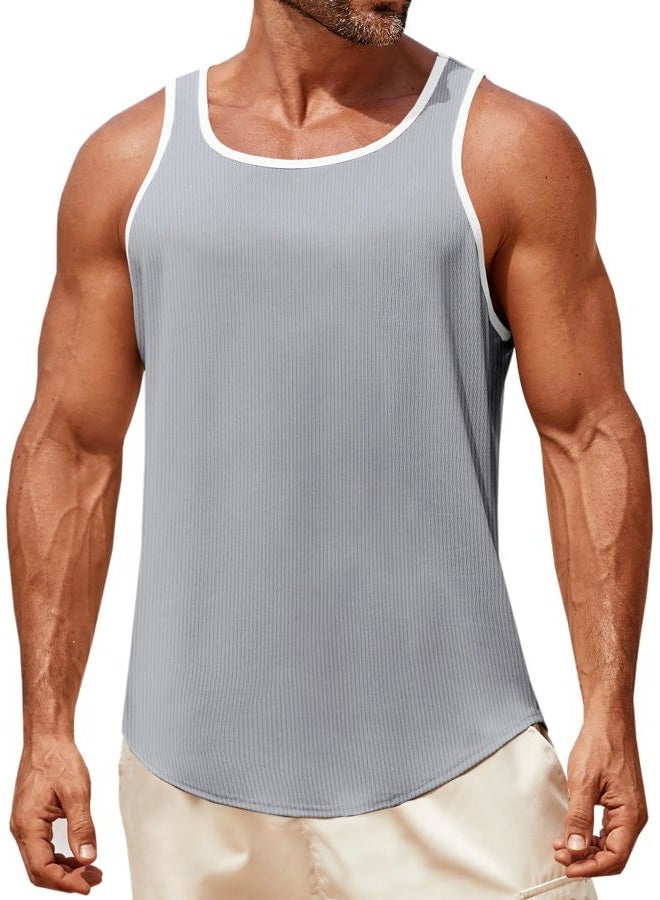 Runcati Mens Sleeveless Tank Tops Workout Muscle Gym Knitted Shirt Athletic Bodybuilding Slim Fit Ribbed T Shirts, Gray, L - Image 1