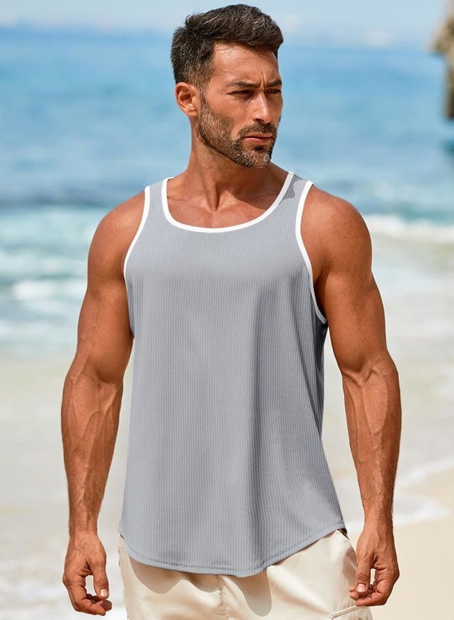 Runcati Mens Sleeveless Tank Tops Workout Muscle Gym Knitted Shirt Athletic Bodybuilding Slim Fit Ribbed T Shirts, Gray, L - Image 3