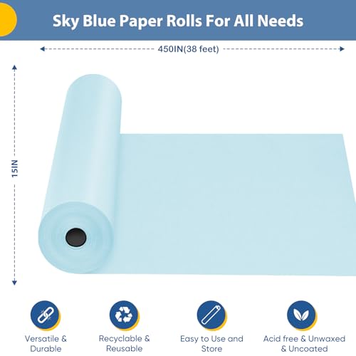 Donyang Light Blue Wrapping Paper 15x450 Blue Kraft Paper Roll for Baby Shower Wedding Fathers Day Birthday Easter Bouquet Flower Gift Wrap Solid Color Blue Craft Paper Bulletin Board Paper - Image 3
