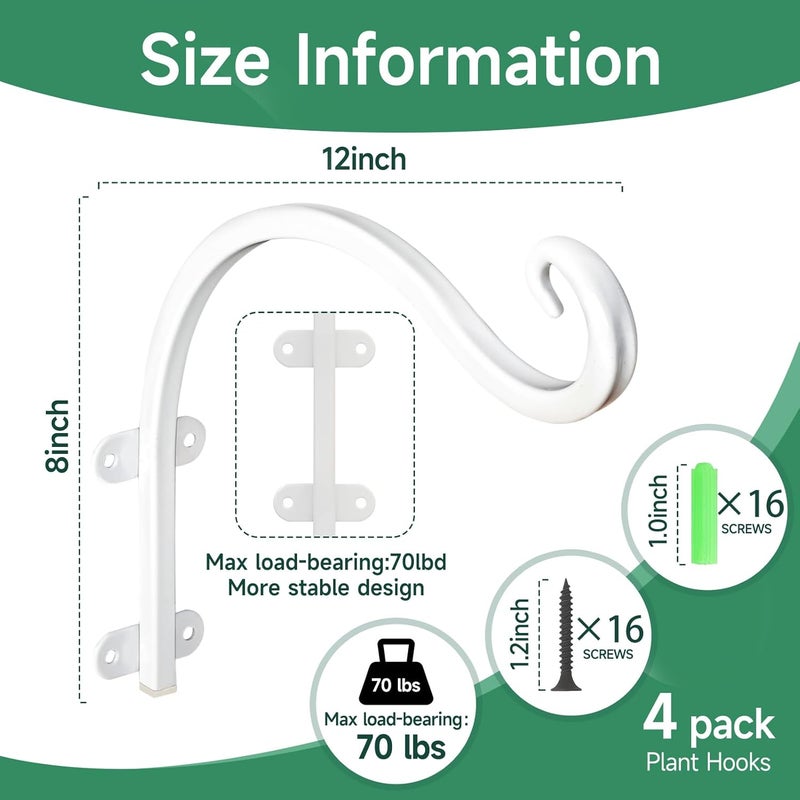 Acteomsly 4 Pack 12Inch Plant Hanger, Sturdy Hanging Plant Bracket Hooks Outdoor, Bird Feeder Hanger for Bird Feeders, Planters, Lanterns, Wind Chimes Indoor Outdoor (White) - Image 2