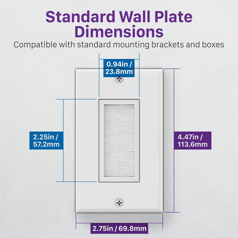 Fosmon 1-Gang Wall Plate (5 Pack), Brush Style Opening Passthrough Low Voltage Cable Plate in-Wall Installation for Speaker Wires, Coaxial Cables, HDMI Cables, or Network/Phone Cables - Image 2