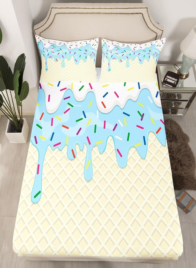 Homewish Ice Cream Bedding Set Twin Size Blue White Cream Cake Bed Set for Girls Teens Bedroom Decor Kids Colorful Candy Fitted Sheet Soft Microfiber Desserts Bed Cover(1 Fitted Sheet+1 Pillow Case) - Image 2