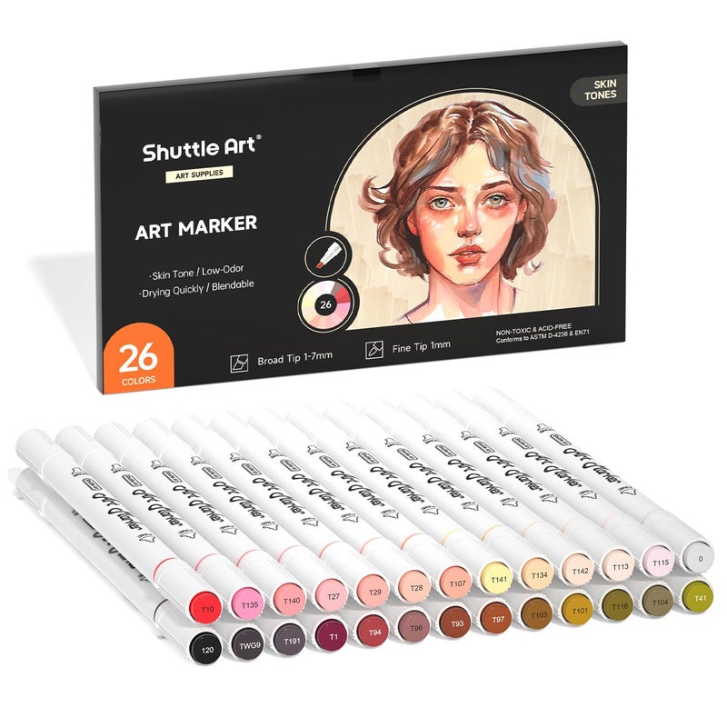 Shuttle Art 26 Colors Skin Tone&Hair Art Markers, Dual Tip Alcohol Based Flesh-Color Marker Pen Set Contains 1 Blender Perfect for Kids & Adults Portrait,Comic, Anime, Manga, Illustration - Image 1