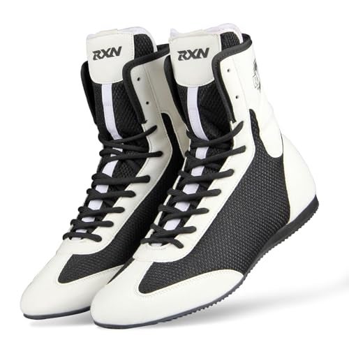 RXN Boxing Shoes for Men and Women Lace Up Non Slip Rubber Sole Lightweight Mid High Top | BX-17 High Top Boxing Boots for Men & Women (White/Black, 7) - Image 1
