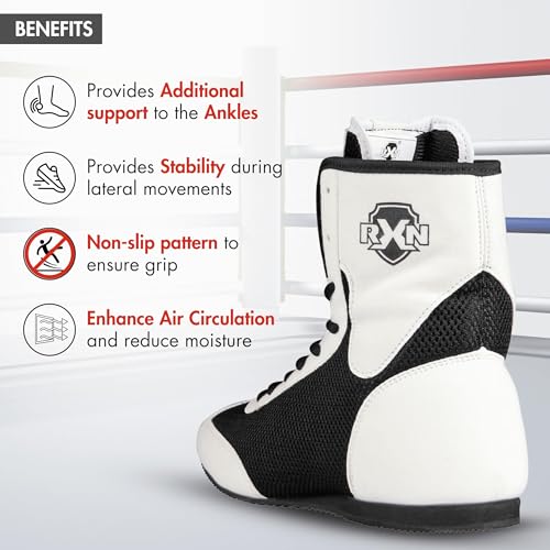 RXN Boxing Shoes for Men and Women Lace Up Non Slip Rubber Sole Lightweight Mid High Top | BX-17 High Top Boxing Boots for Men & Women (White/Black, 7) - Image 4