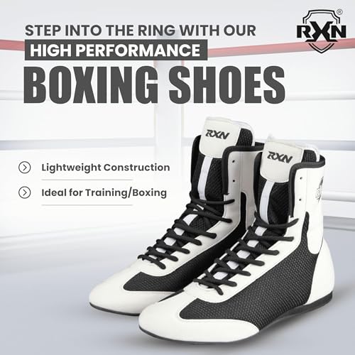 RXN Boxing Shoes for Men and Women Lace Up Non Slip Rubber Sole Lightweight Mid High Top | BX-17 High Top Boxing Boots for Men & Women (White/Black, 7) - Image 2