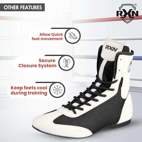 RXN Boxing Shoes for Men and Women Lace Up Non Slip Rubber Sole Lightweight Mid High Top | BX-17 High Top Boxing Boots for Men & Women (White/Black, 7) - Image 5