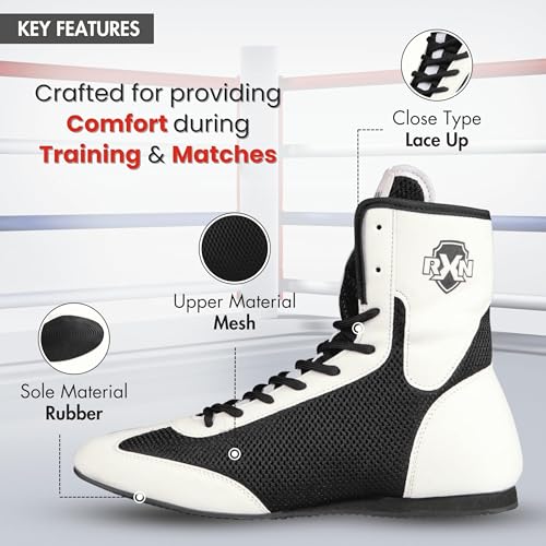 RXN Boxing Shoes for Men and Women Lace Up Non Slip Rubber Sole Lightweight Mid High Top | BX-17 High Top Boxing Boots for Men & Women (White/Black, 7) - Image 3