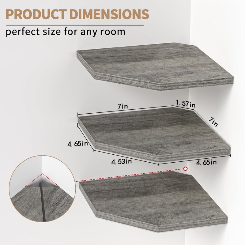 Fun Memories Corner Shelf Wall Mount, Floating Corner Shelves, Set of 3 Corner Wall Shelf Organizer, Rustic Wood Wall Storage Display Shelves for Living Room Bedroom Bathroom Kitchen, Rustic Grey - Image 3