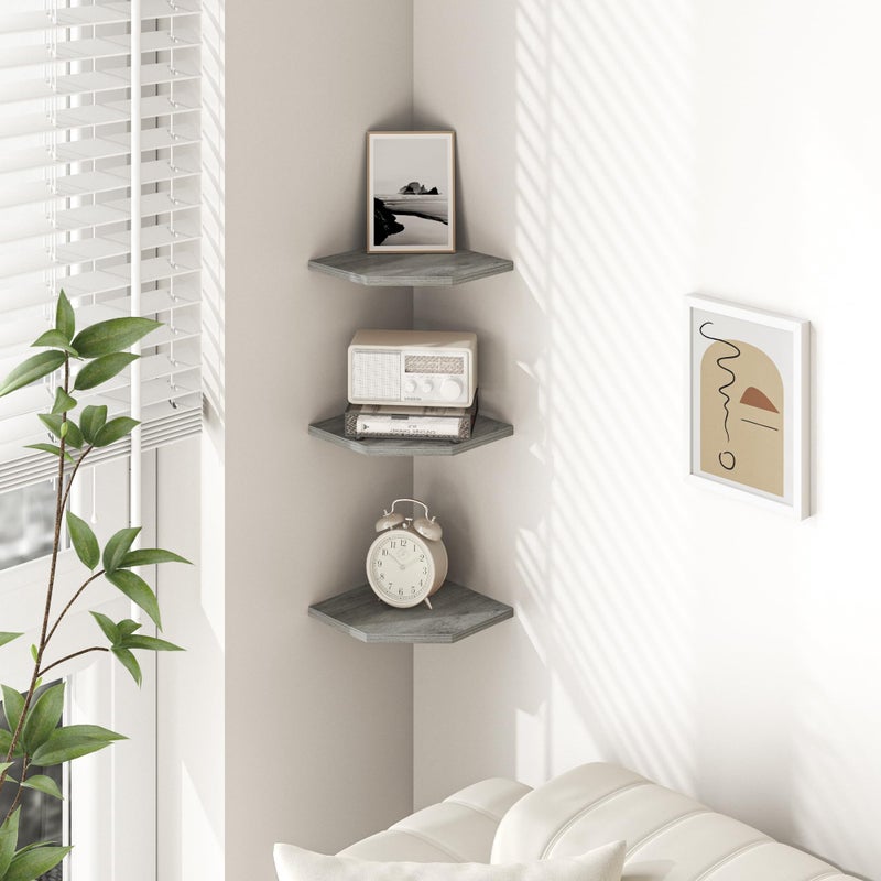 Fun Memories Corner Shelf Wall Mount, Floating Corner Shelves, Set of 3 Corner Wall Shelf Organizer, Rustic Wood Wall Storage Display Shelves for Living Room Bedroom Bathroom Kitchen, Rustic Grey - Image 2