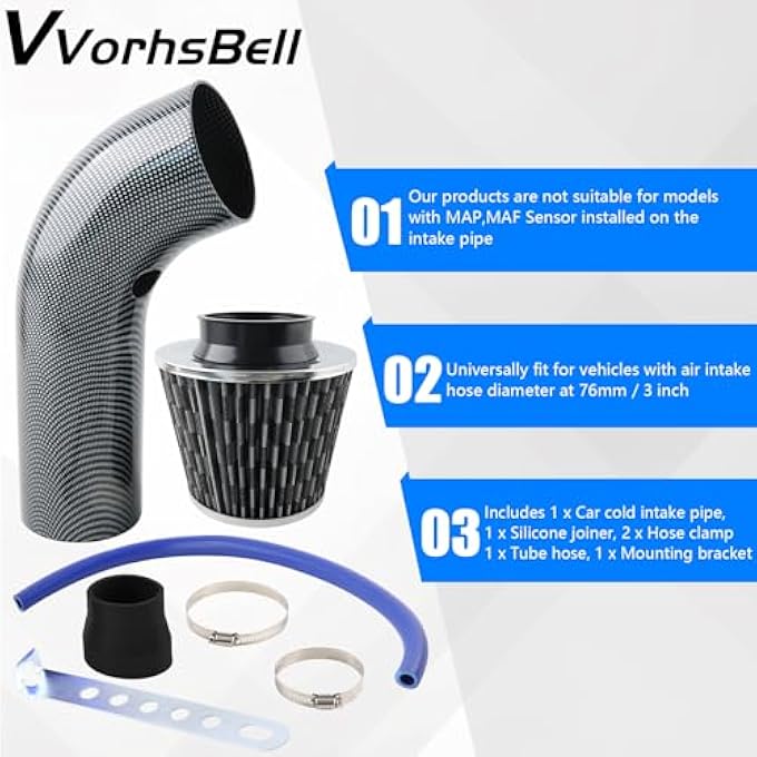 VVORHSBELL Universal Air Intake Filter Kit,3" 76mm Cone Alumimum Car Cold Air Intake Filter Induction Kit Pipe Hose System for Car Automobile RacingCarbon Pattern - Image 4