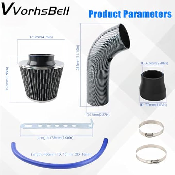 VVORHSBELL Universal Air Intake Filter Kit,3" 76mm Cone Alumimum Car Cold Air Intake Filter Induction Kit Pipe Hose System for Car Automobile RacingCarbon Pattern - Image 3
