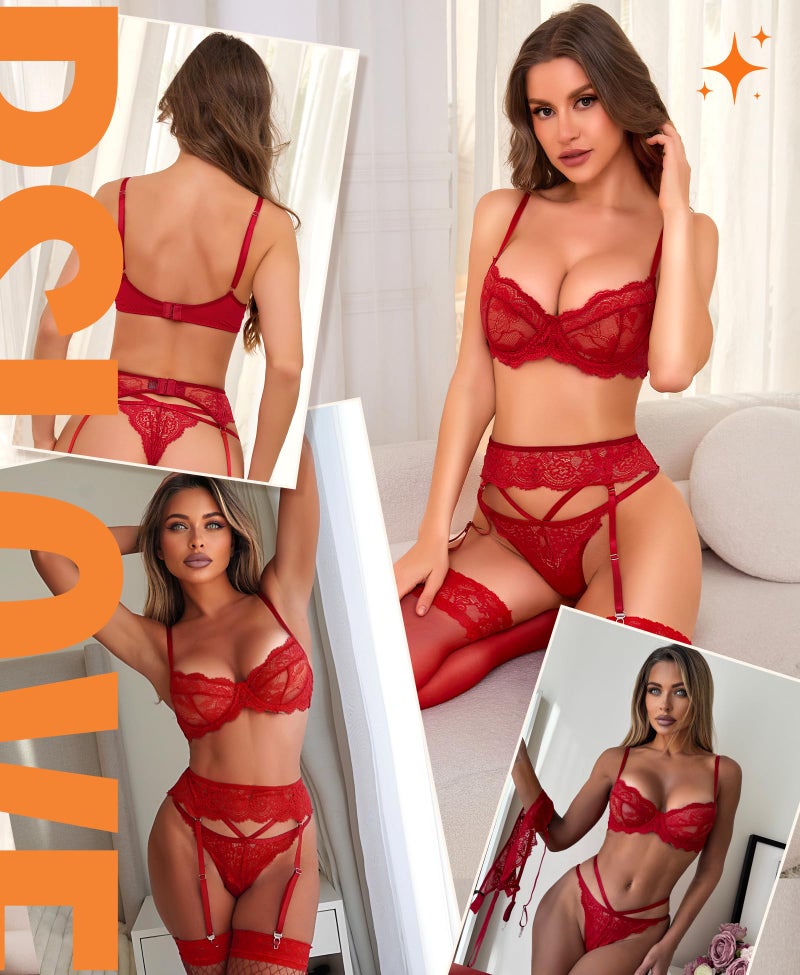RSLOVE Lingerie Set for Women Sexy - Corset And Panty Outfits 3 Piece Lace Push Up Underwire with Garter Bra And Panty Sets Bodysuit Redï¼Œ S - Image 4