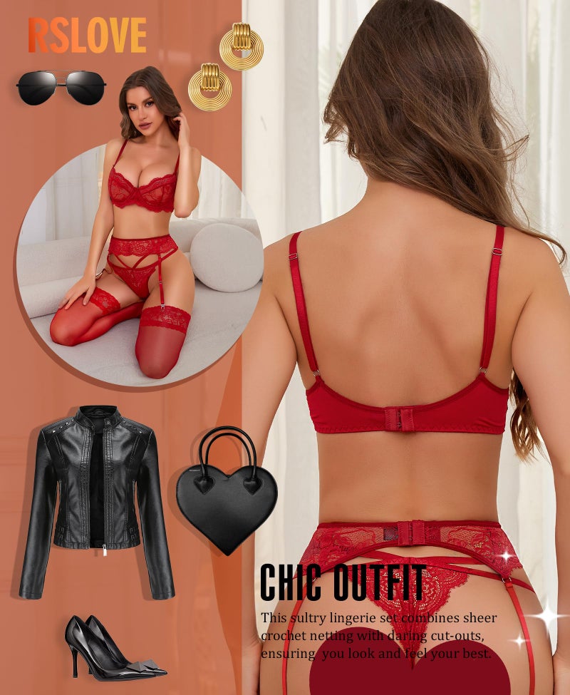 RSLOVE Lingerie Set for Women Sexy - Corset And Panty Outfits 3 Piece Lace Push Up Underwire with Garter Bra And Panty Sets Bodysuit Redï¼Œ S - Image 5