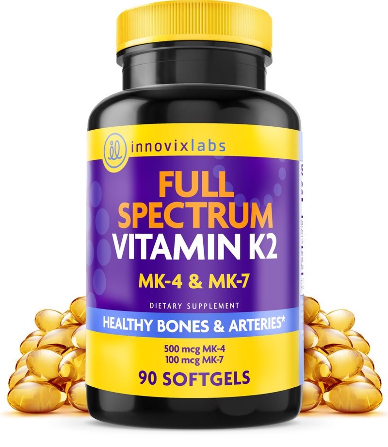 InnovixLabs Full Spectrum Vitamin K290 Softgels with 600 mcg of Trans Form MK7 and MK4 Supports General Health and Bone Strength Soy and Gluten Free K2 Vitamin Supplement