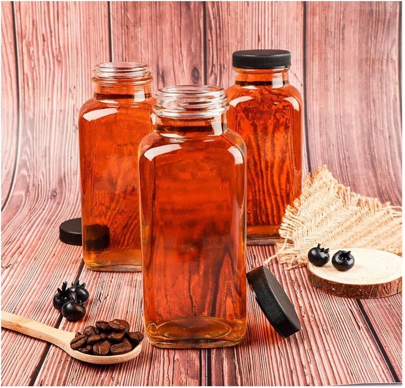 FUFU 6 Pack Glass Juice Bottles with Lids Reusable Glass Square Beverages Drinking Jars with Tamper-proof Black Caps for Travel Milk Water Tea Honey Kombucha Smoothie Boba (350ml) - Image 5