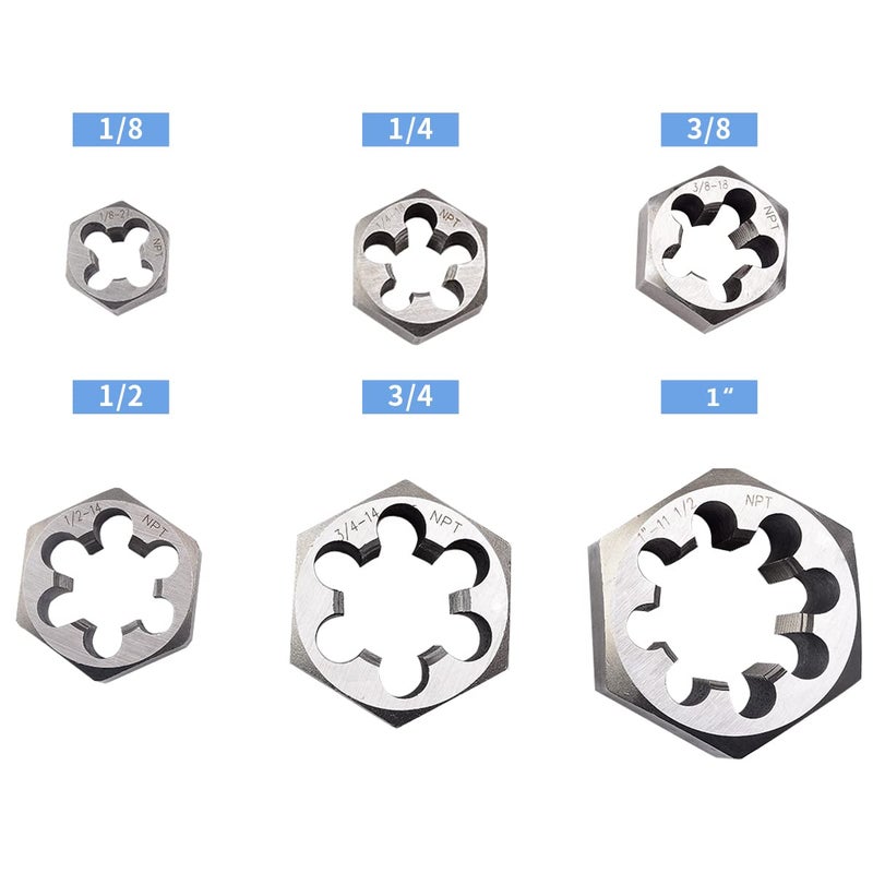 Kaimex NPT Pipe Hex Die Set 6 Pcs Cartbon Steel 1/8"-27 1/4"-18 3/8"-18 1/2"-14 3/4"-14 1"-11 1/2 - Image 2
