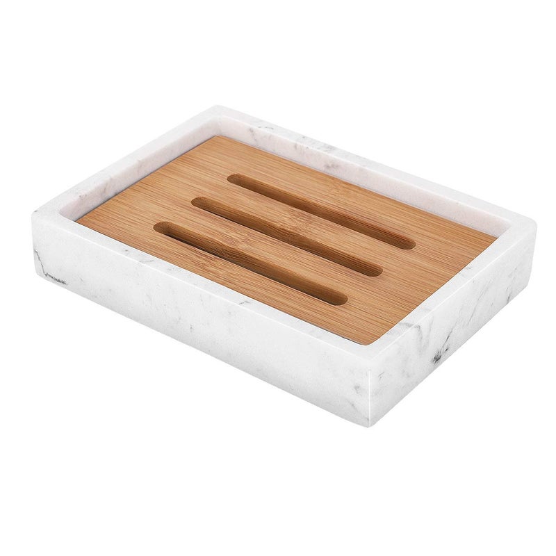 Luxspire Bamboo Soap Dish, Resin Soap Holder with Drainage, Wooden Soap Dish for Shower, Bathroom, Sink, Kitchen and Countertop, Gravel White - Image 1