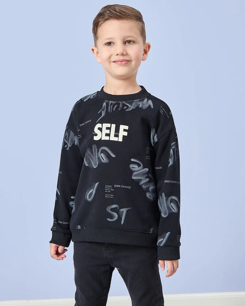 REDTAG Boys Black Printed Bonded Sweatshirt