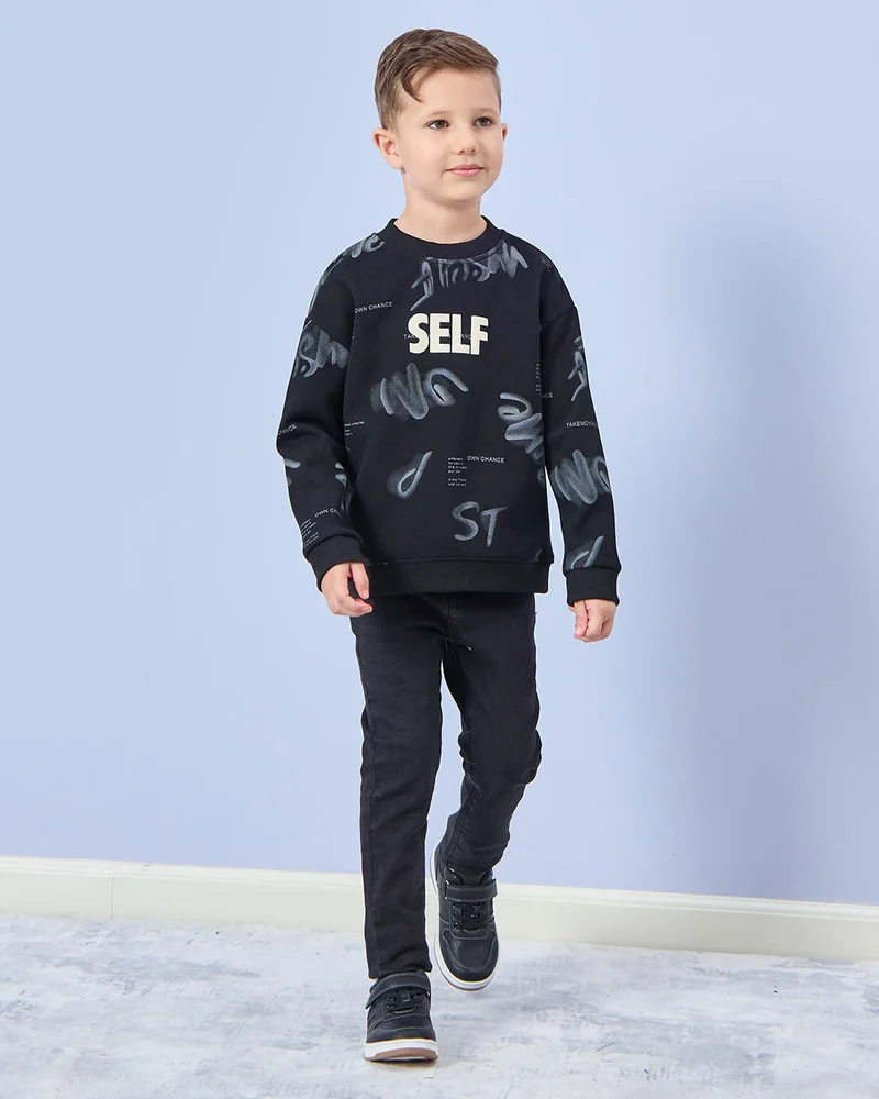 REDTAG Boys Black Printed Bonded Sweatshirt