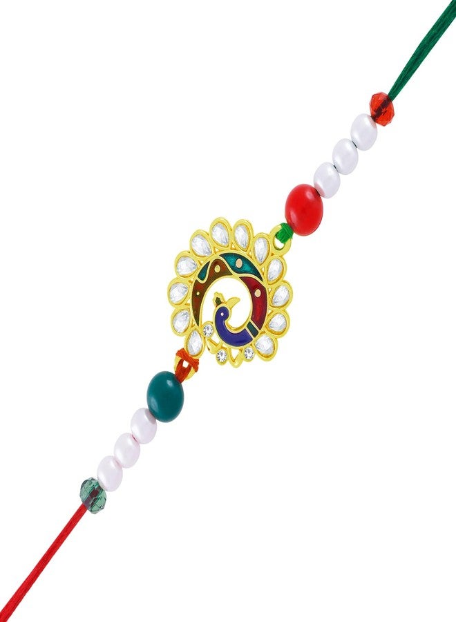 Okos Gold Plated Rakhi Combo Set of 2 Dnacing Peacock Emblished with Multicolor Kundan Stones and Beads as Rakshabandhan Gift for Brother/Bhaiya/Bhai CO1000458GLD - Image 3