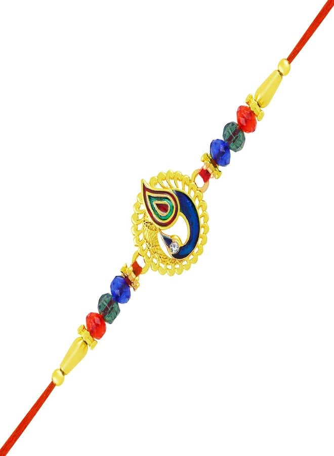 Okos Gold Plated Rakhi Combo Set of 2 Dnacing Peacock Emblished with Multicolor Kundan Stones and Beads as Rakshabandhan Gift for Brother/Bhaiya/Bhai CO1000458GLD - Image 2