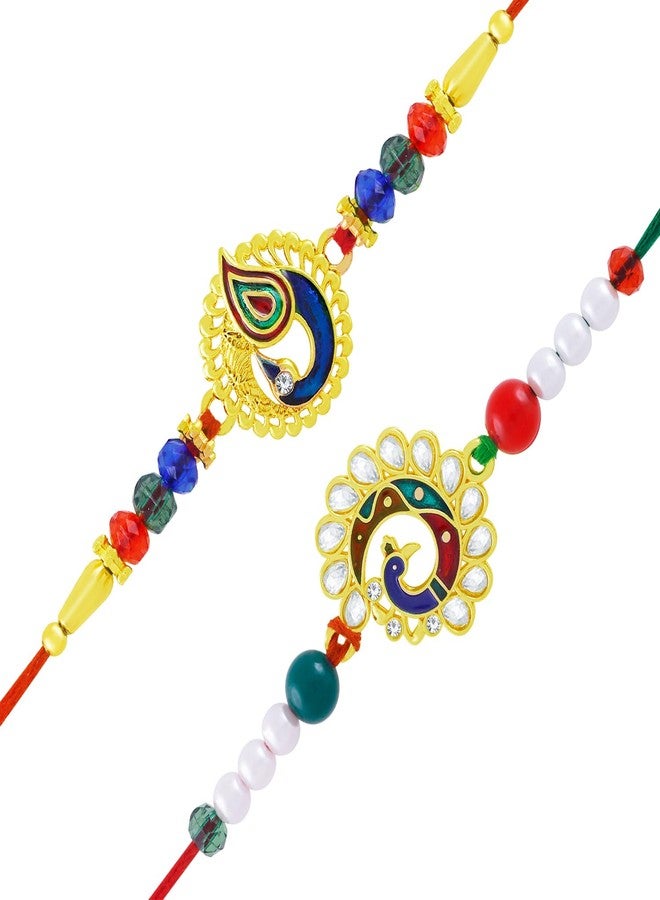 Okos Gold Plated Rakhi Combo Set of 2 Dnacing Peacock Emblished with Multicolor Kundan Stones and Beads as Rakshabandhan Gift for Brother/Bhaiya/Bhai CO1000458GLD - Image 1