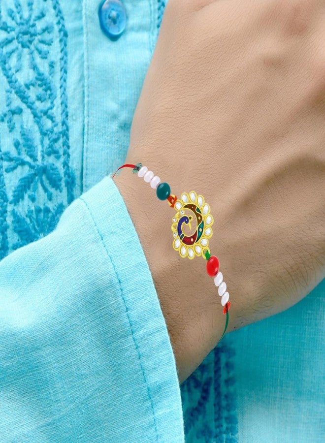 Okos Gold Plated Rakhi Combo Set of 2 Dnacing Peacock Emblished with Multicolor Kundan Stones and Beads as Rakshabandhan Gift for Brother/Bhaiya/Bhai CO1000458GLD - Image 5