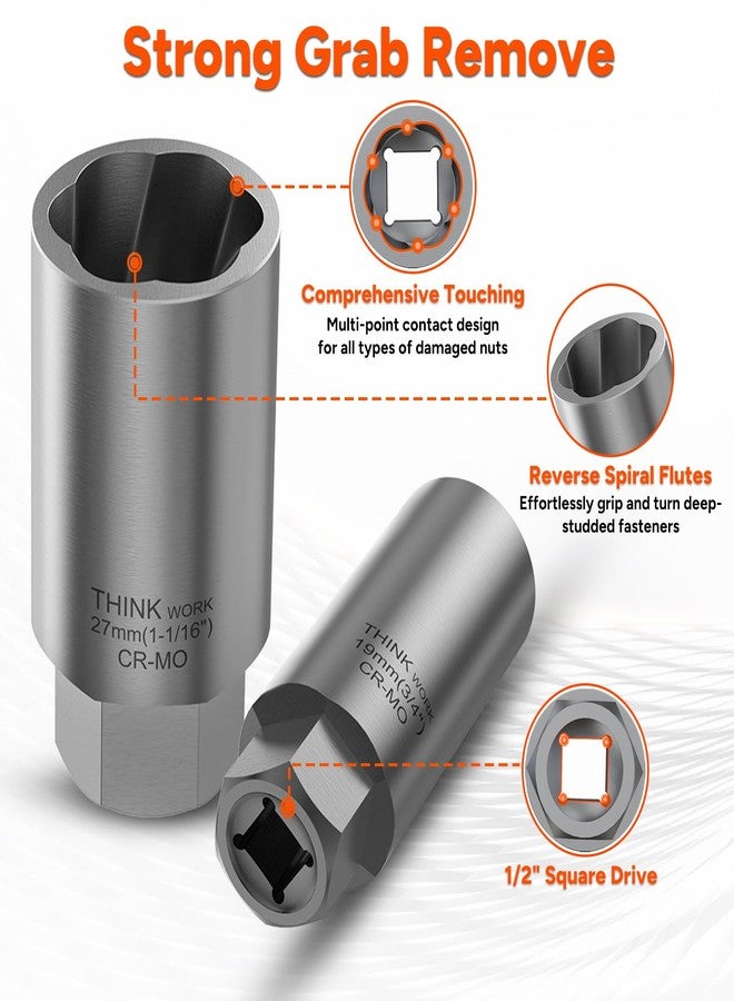 THINKWORK 1/2 Inch Drive Lug Nut Extractor Set, Large Sizes, 10pcs Wheel Lock Removal Kit, Deep Lug Nut Removal Tool for Damaged, Stripped, Rusted, Broken, Rounded Bolts, Nuts - Image 5
