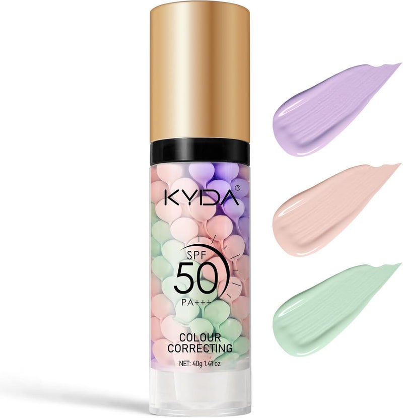 KYDA Color Correcting Face Primer SPF 50 PA Moisturizing Makeup Primer One Step Brightening Primer to Even Skin Tone Oil Control Skin Corrector Sheer Finish Refreshing Purple Pink Green