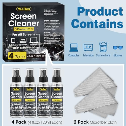 YesBes Screen Cleaner Spray 16oz (4oz x 4 Pack) - TV Screen Cleaner Spray and 2 Microfiber Cloths, Computer Screen Cleaner & Car Screen Cleaner for TV, Monitor, Laptop, MacBook, iPad - Image 2