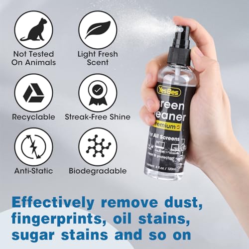 YesBes Screen Cleaner Spray 16oz (4oz x 4 Pack) - TV Screen Cleaner Spray and 2 Microfiber Cloths, Computer Screen Cleaner & Car Screen Cleaner for TV, Monitor, Laptop, MacBook, iPad - Image 5