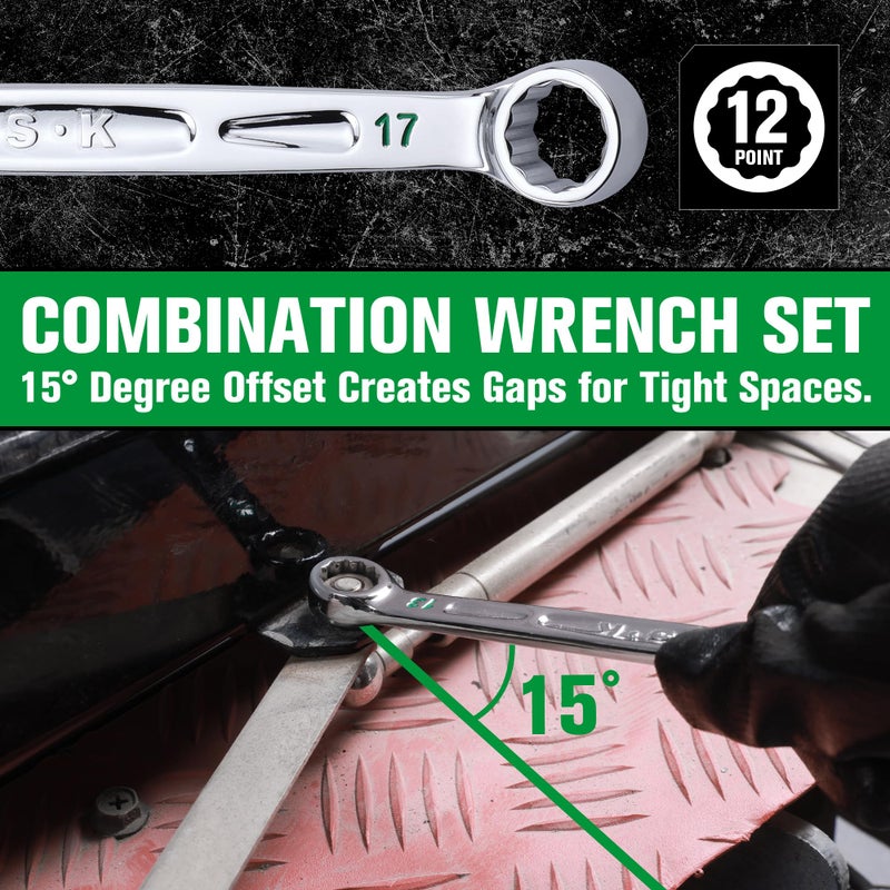 SK Combination Wrench Set, SAE 5/16" to 3/4", Metric 8 to 19mm, 23-Piece, SuperKrome Finish, Premium CR-V Construction, with Rolling Pouch - Image 4