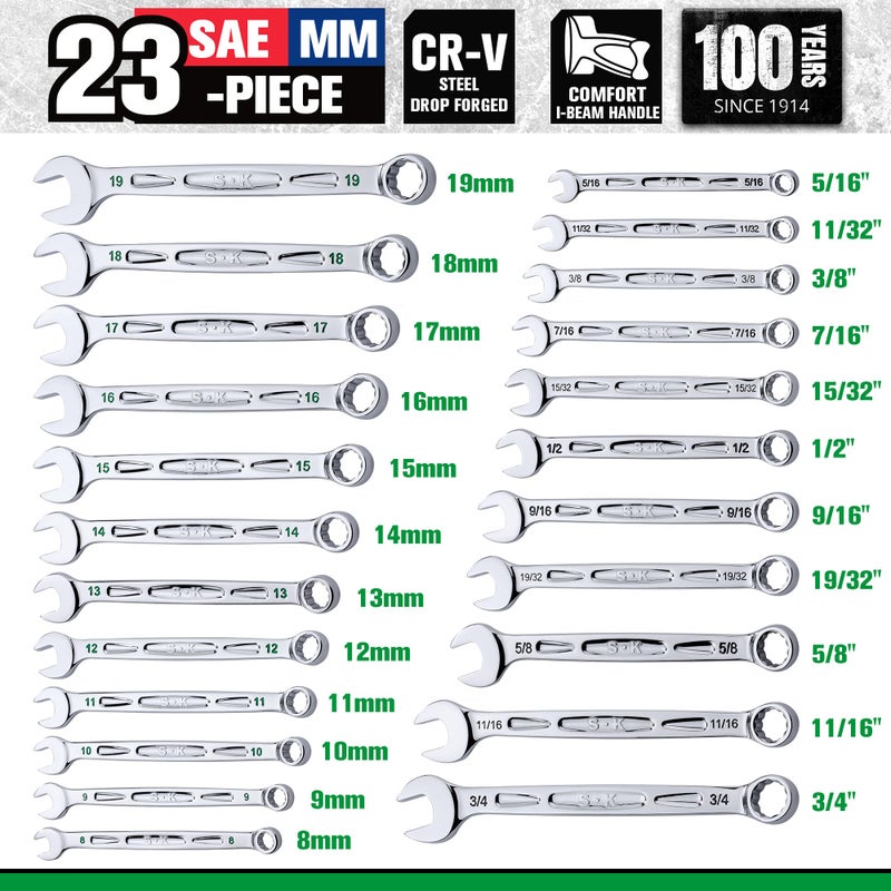 SK Combination Wrench Set, SAE 5/16" to 3/4", Metric 8 to 19mm, 23-Piece, SuperKrome Finish, Premium CR-V Construction, with Rolling Pouch - Image 3