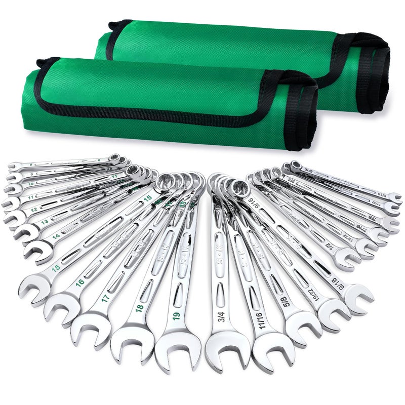 SK Combination Wrench Set, SAE 5/16" to 3/4", Metric 8 to 19mm, 23-Piece, SuperKrome Finish, Premium CR-V Construction, with Rolling Pouch - Image 1