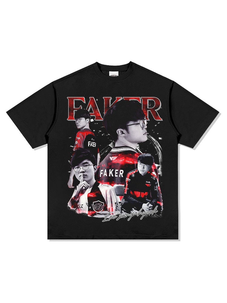 new Faker Big Devil printed short-sleeved T-shirt washed heavy loose round neck Vintage all-matching ins - Image 2