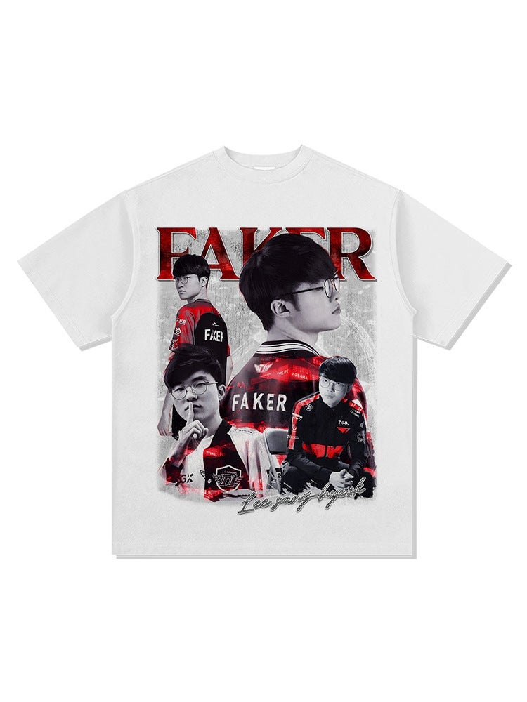 new Faker Big Devil printed short-sleeved T-shirt washed heavy loose round neck Vintage all-matching ins - Image 3