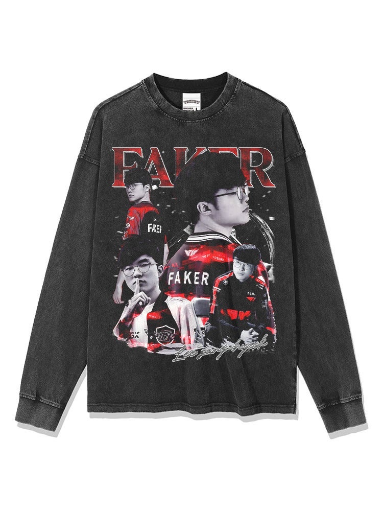 new Faker Big Devil printed short-sleeved T-shirt washed heavy loose round neck Vintage all-matching ins - Image 5