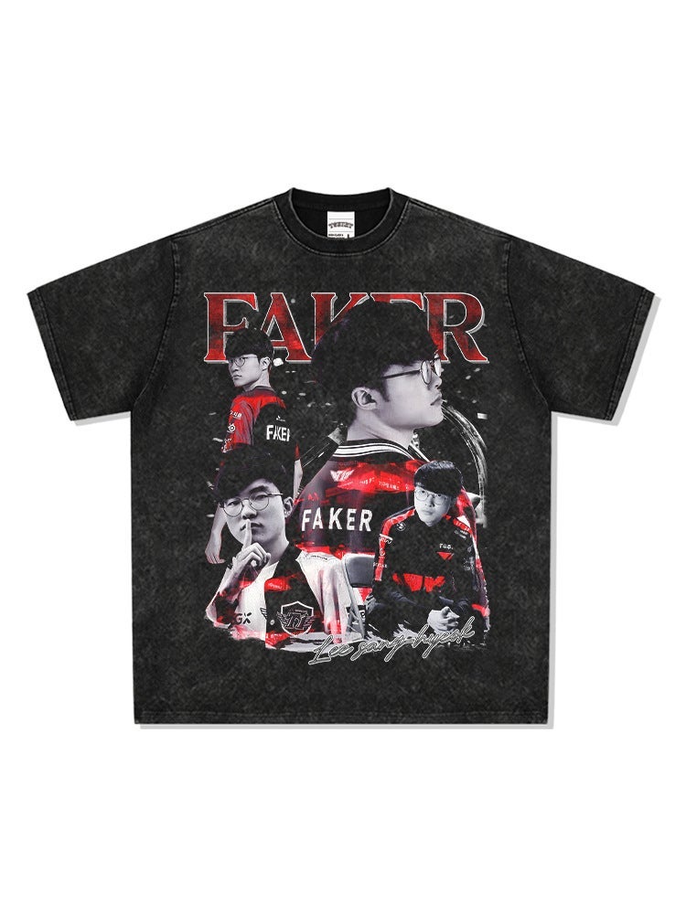 new Faker Big Devil printed short-sleeved T-shirt washed heavy loose round neck Vintage all-matching ins - Image 1