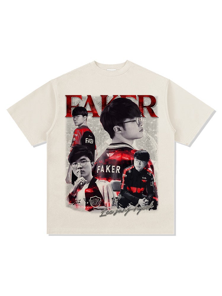 new Faker Big Devil printed short-sleeved T-shirt washed heavy loose round neck Vintage all-matching ins - Image 4