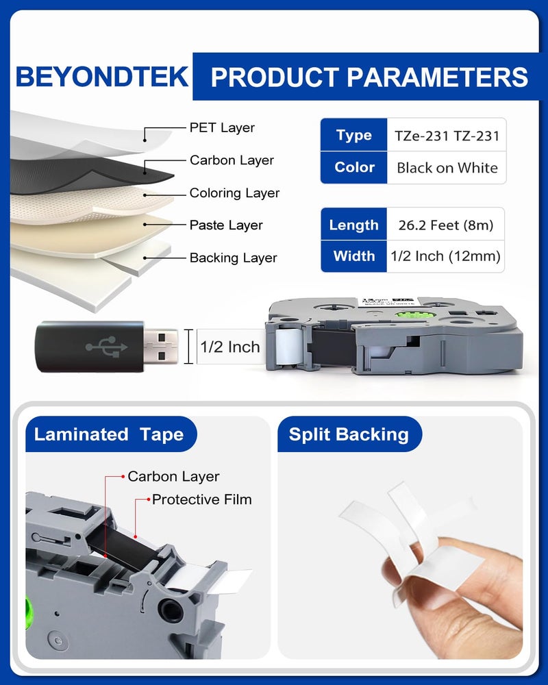 BEYONDTEK Tze-2312pk Replace for Brother Tze Tz Tape 12mm 0.47 Laminated White Work with Brother 12mm .47 Laminated White Tz Tape Tze-231 Black on White for PT-H103w H110 D210 D220 D400 1280 1890 2040,8m 26.2ft - Image 2