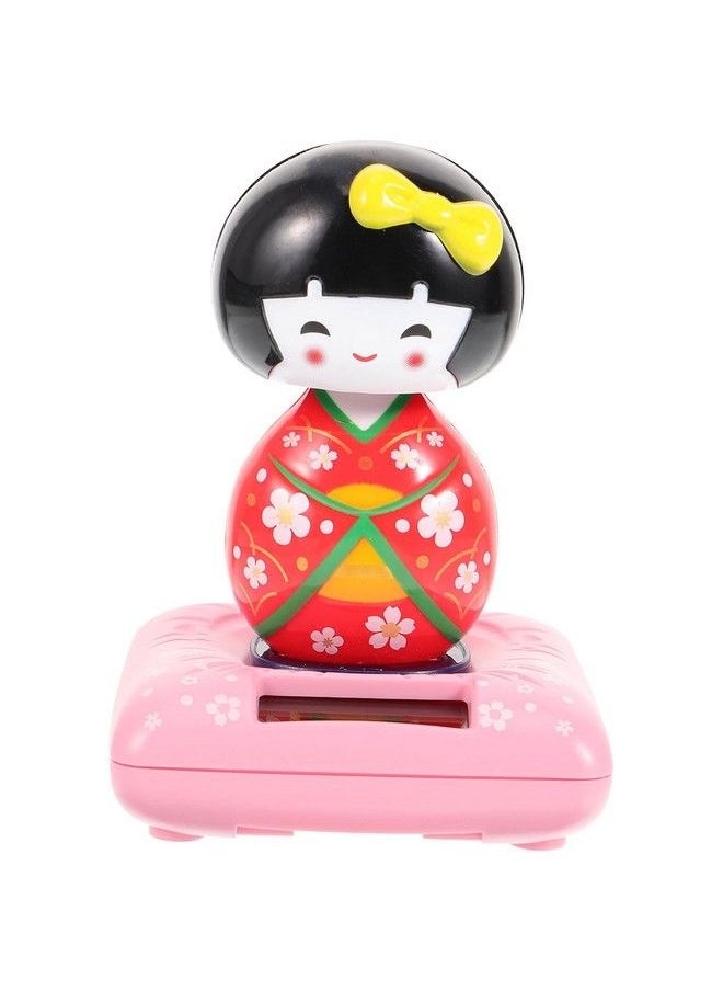 Amosfun - Solar Powered Bobble Shaking Head Dancing Toy Japanese Kokeshi Doll Figurines Statues Car Dash Board Decorations Red - Image 1