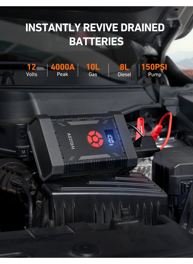 AstroAI AstroAl A30 Jump Starter with Air Compressor, 4000A &150PSI Portable Car Battery Jump Starter (10.0 Gas/8.0LDiesel) with Tire Inflator, 12V Battery Charger, 18W Quick Charge, Jumper Cables, Lights - Image 2