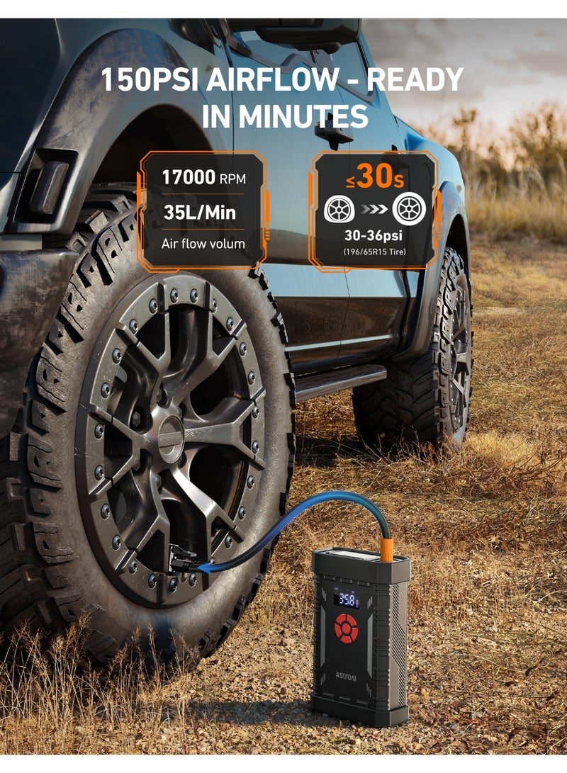 AstroAI AstroAl A30 Jump Starter with Air Compressor, 4000A &150PSI Portable Car Battery Jump Starter (10.0 Gas/8.0LDiesel) with Tire Inflator, 12V Battery Charger, 18W Quick Charge, Jumper Cables, Lights - Image 3