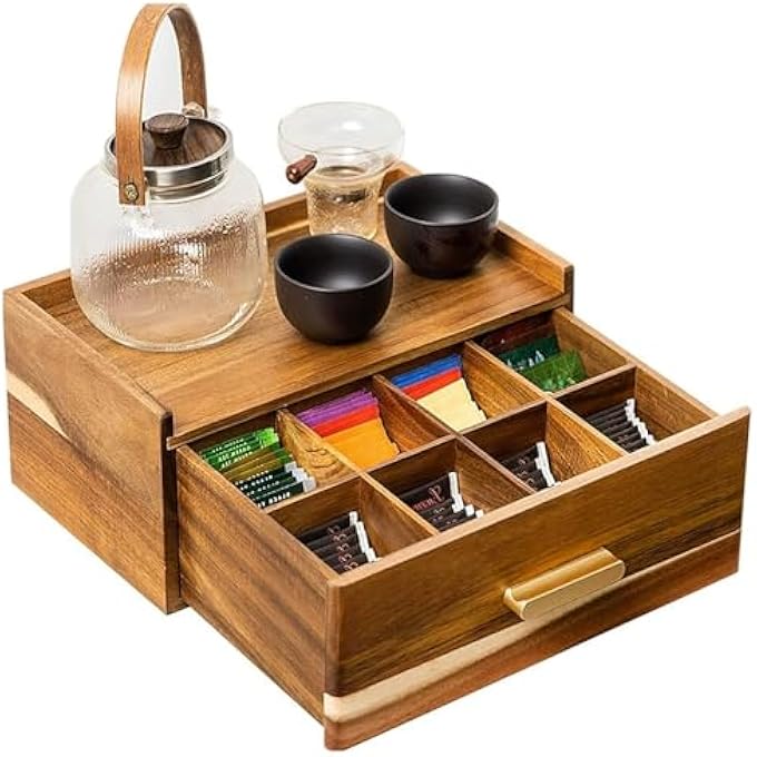 Beauenty Acacia Wood Tea Bag OrganizerTea Organizers And Storage Box Tea Caddy For Tea Bags Storage Drawer Tea Station Chest Display Wooden 8 Compartment Tea Bag Organizer - Image 2